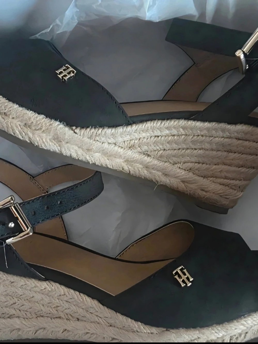 Tommy Hilfiger Black Espadrille Wedge Sandals with Gold Logo